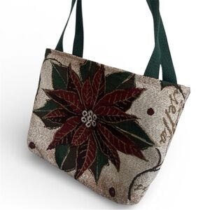 Vintage Holiday Tapestry Poinsettia Tote Bag Christmas Tote 11”x9”